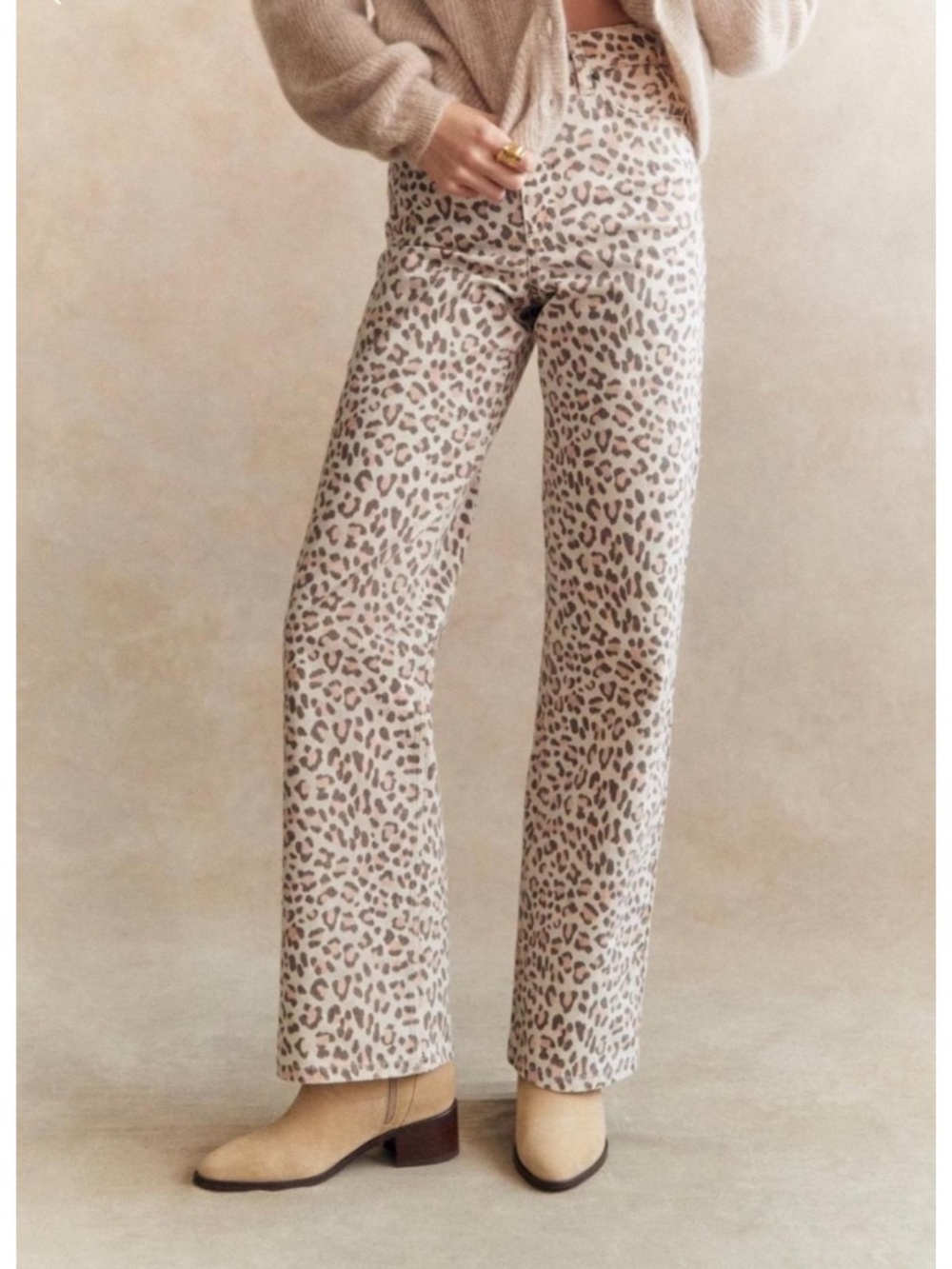Sézane Beige Leopard Print Wide Leg Jeans